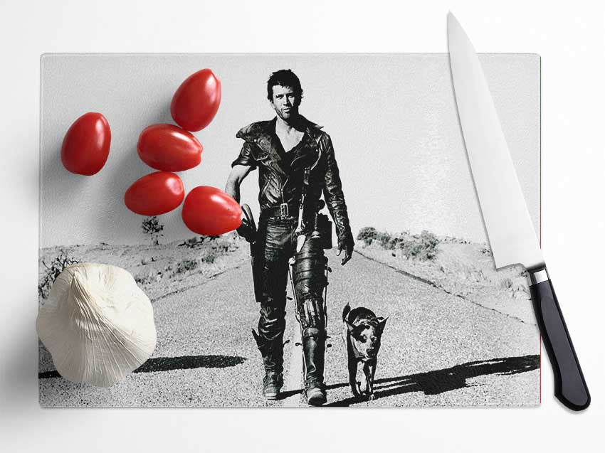 Mad Max Highway Walk With Dog B n W Glass Chopping Board