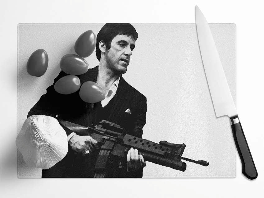 Scarface Tommygun B n W Glass Chopping Board