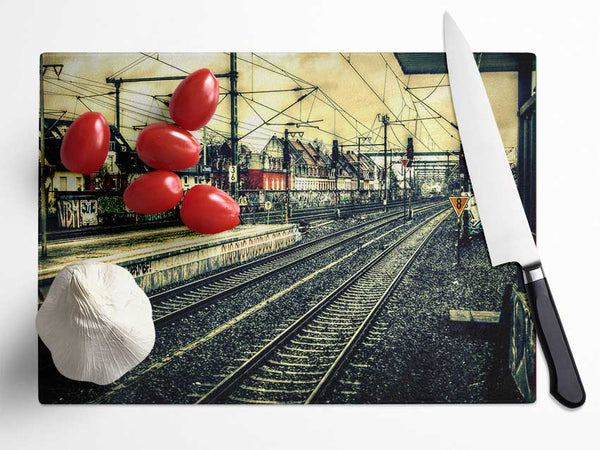 Train Station Vintage Glass Chopping Board