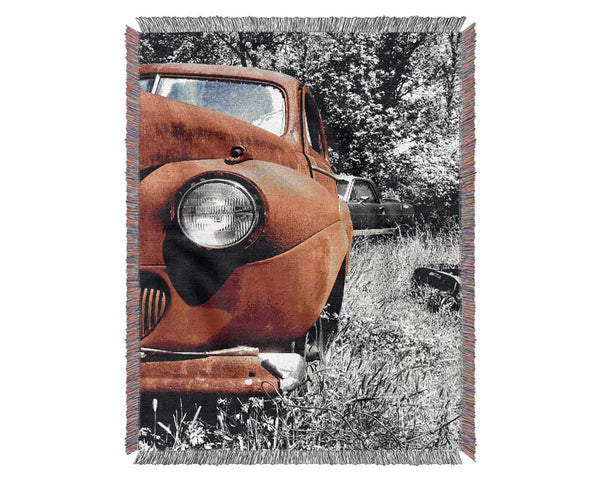 Old Banger Car In Field Woven Blanket