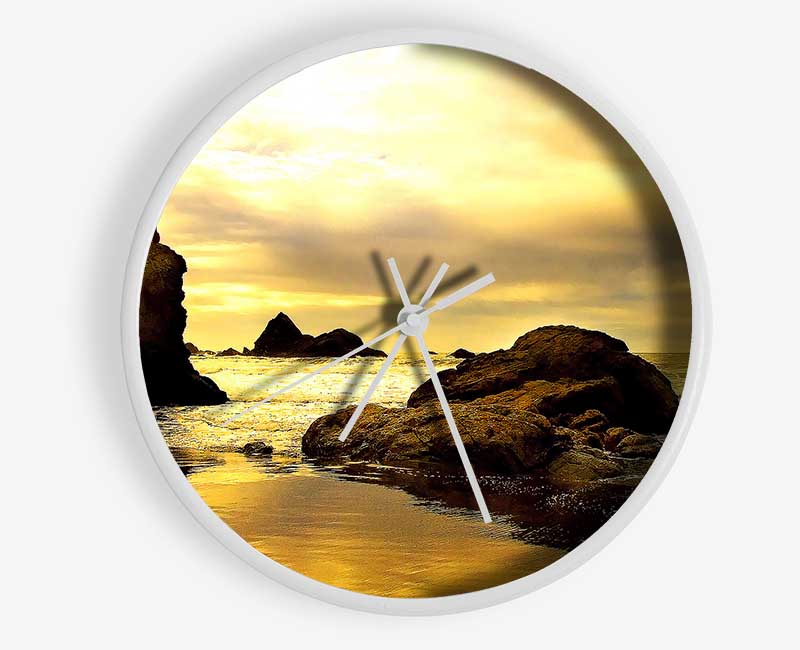 Rocky Beach At Yellow Dawn Clock - Wallart-Direct UK