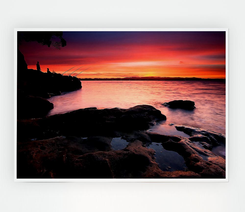 Fishing At Dusk Print Poster Wall Art