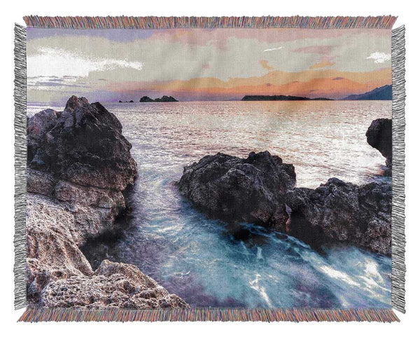 Ocean Rocks At Dawn Woven Blanket