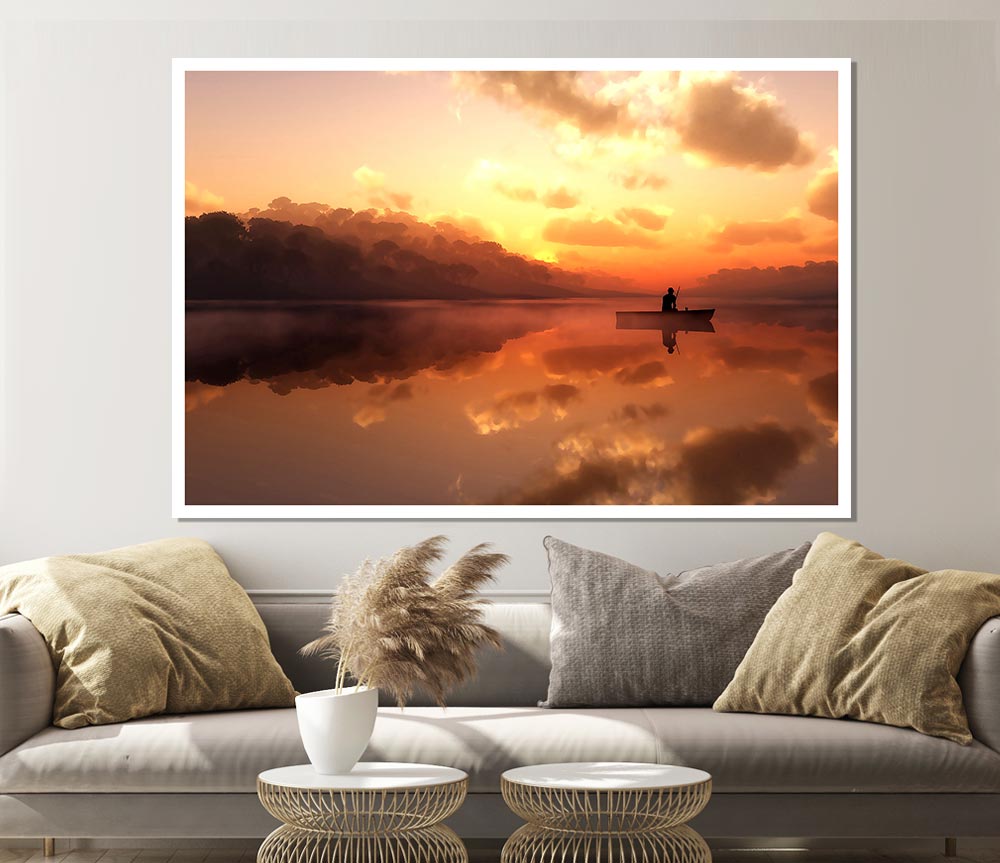 Fishing In The Tranquil Sky Reflection Print Poster Wall Art