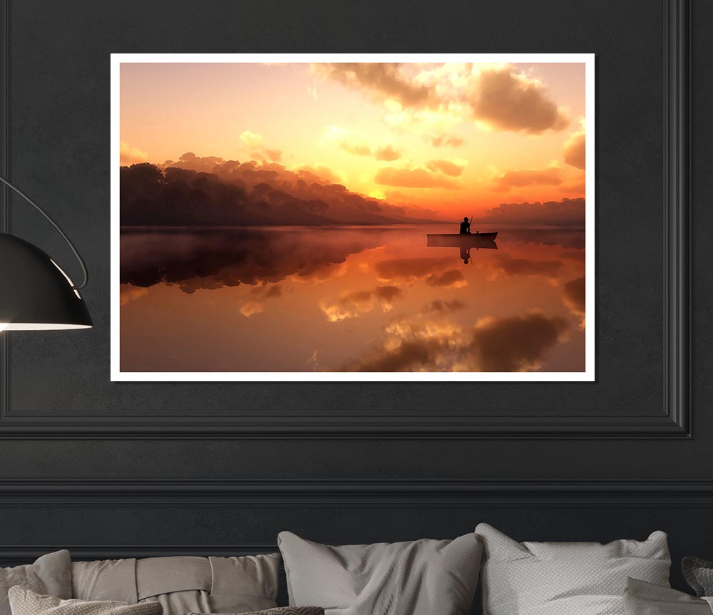 Fishing In The Tranquil Sky Reflection Print Poster Wall Art