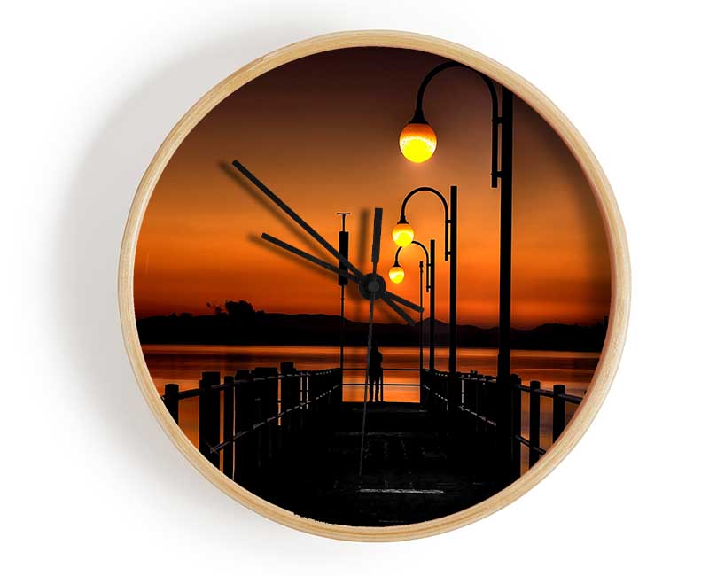 Pier Sunset Orange Clock - Wallart-Direct UK