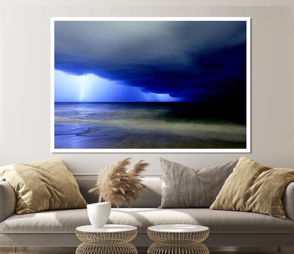 Blue Lightning Seas Print Poster Wall Art