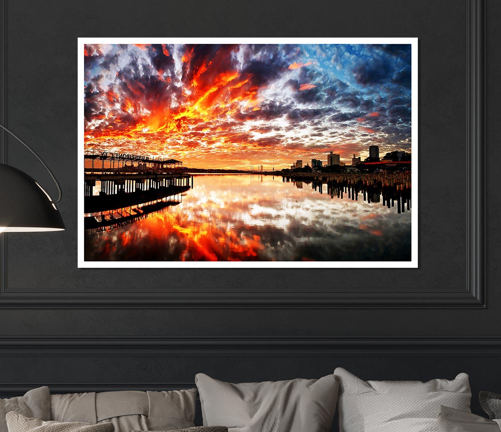 Fire Sky Ocean Reflection Print Poster Wall Art