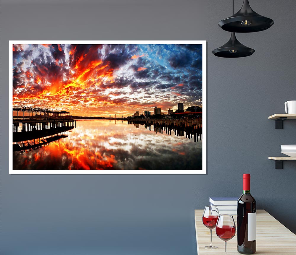 Fire Sky Ocean Reflection Print Poster Wall Art