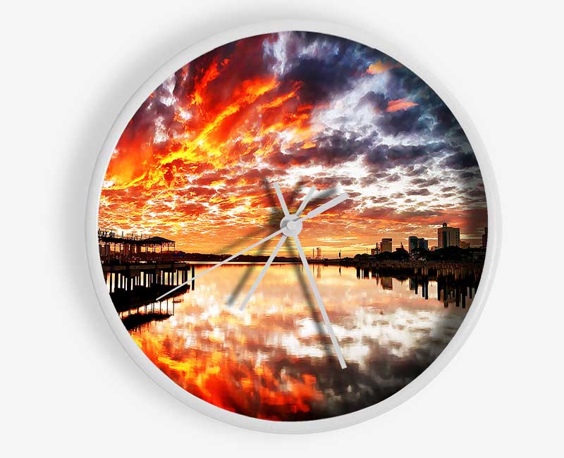 Fire Sky Ocean Reflection Clock - Wallart-Direct UK