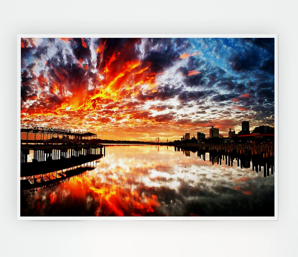 Fire Sky Ocean Reflection Print Poster Wall Art