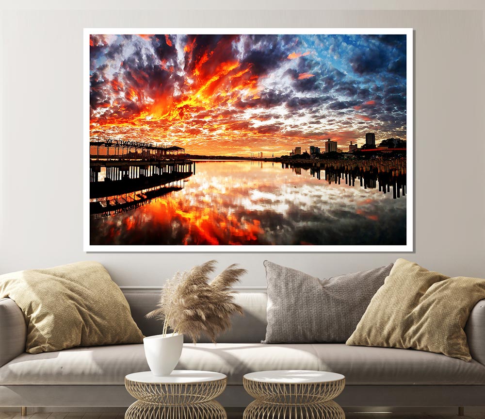 Fire Sky Ocean Reflection Print Poster Wall Art