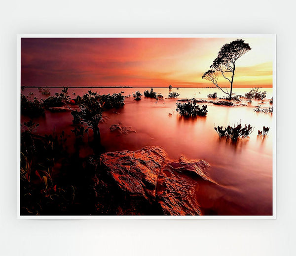 Tranquil Pink Ocean Trees Print Poster Wall Art