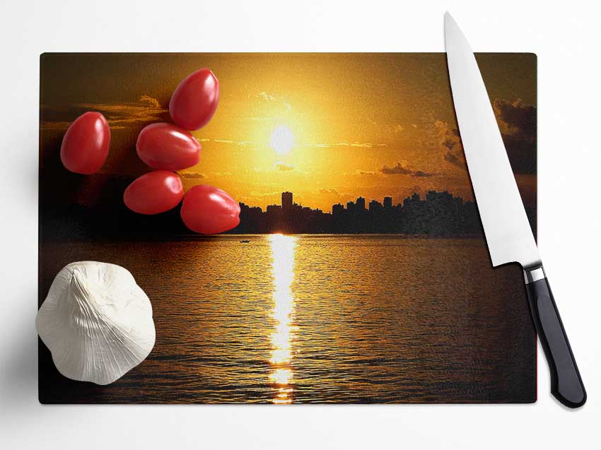 Sunset City Skyline Silhouette Glass Chopping Board