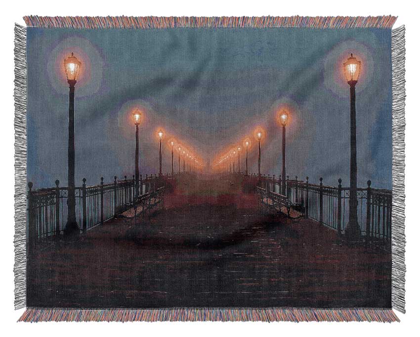 Foggy Pier Night Walk Woven Blanket