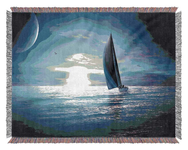 Sailing Boat In The Moonlit Ocean Woven Blanket