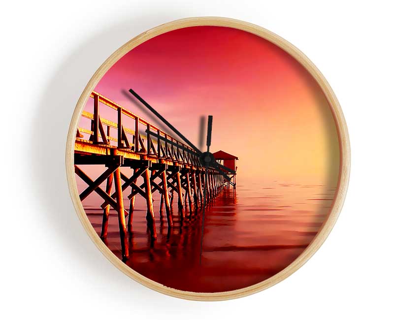 Tranquil Ocean Pier Pink Clock - Wallart-Direct UK