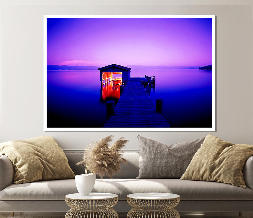 Tranquil Lake Boat House Purple Print Poster Wall Art