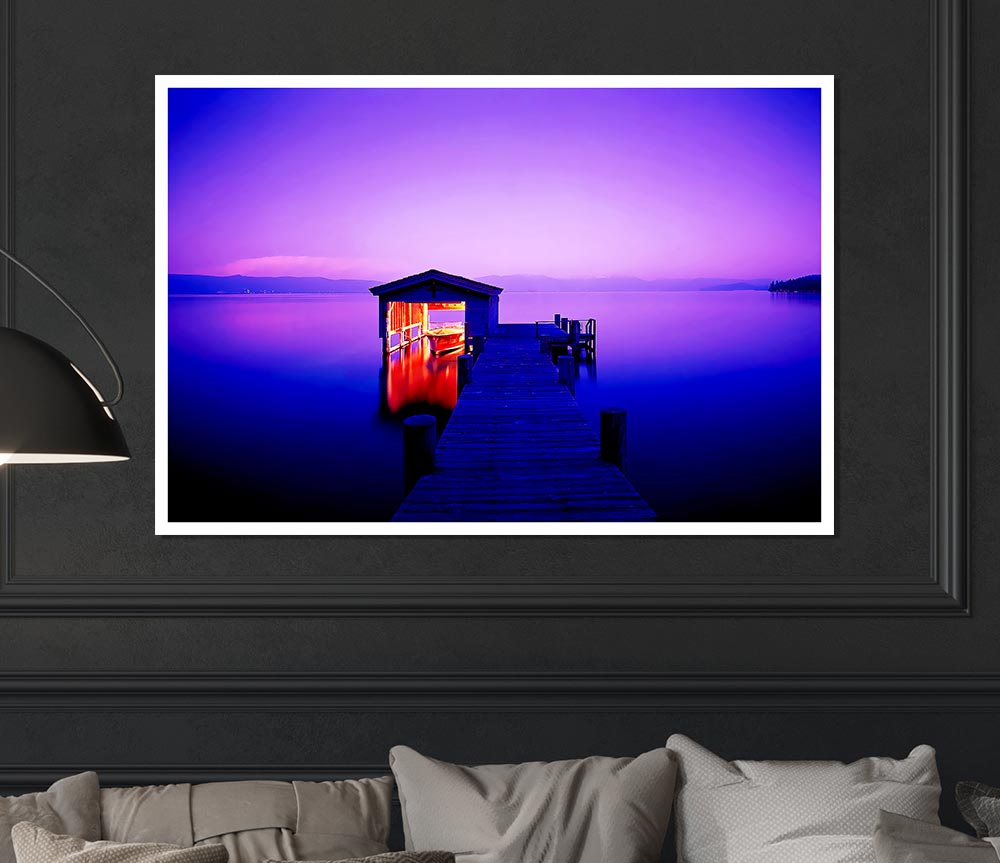 Tranquil Lake Boat House Purple Print Poster Wall Art