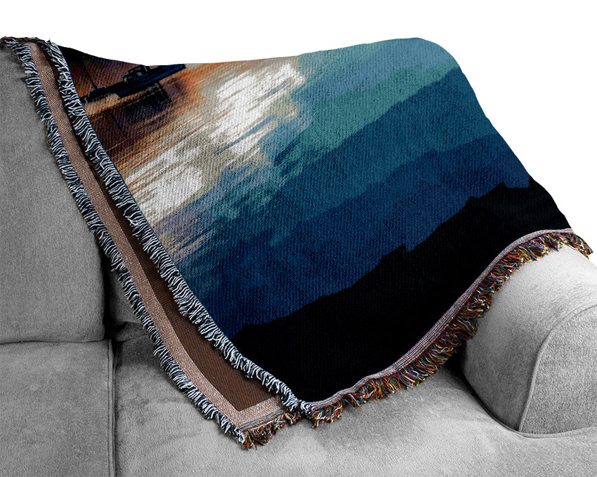 Rustic Rowing Boat Reflections Woven Blanket