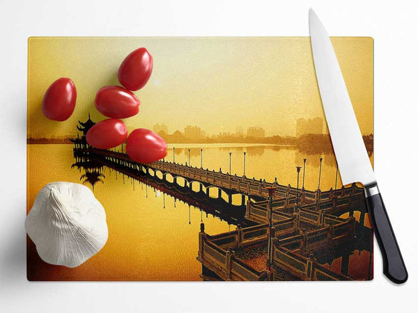 Tranquil Pier Walk Yellow Glass Chopping Board