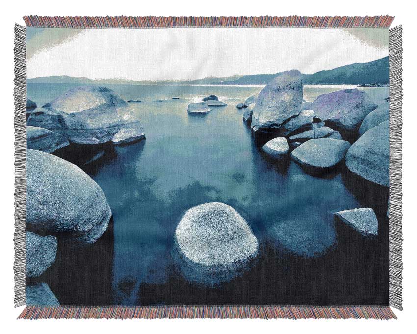 Blue Tranquil Ocean Rocks Woven Blanket