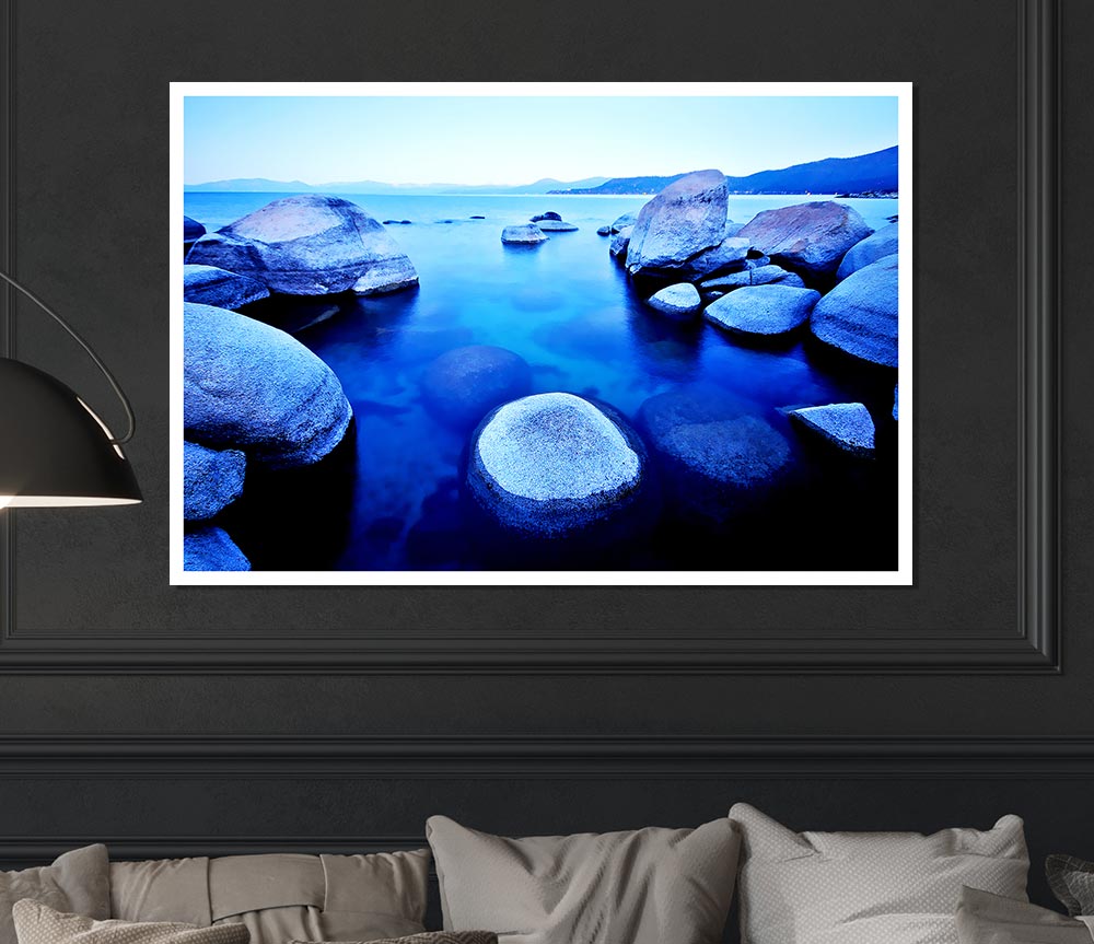 Blue Tranquil Ocean Rocks Print Poster Wall Art