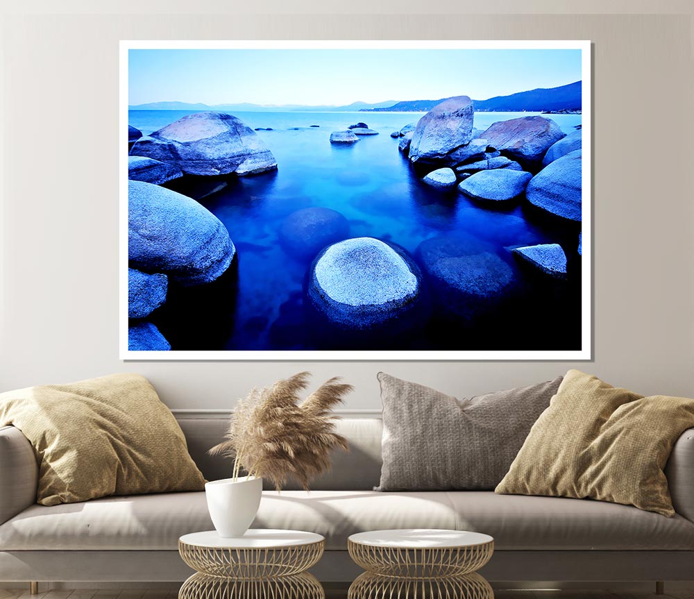 Blue Tranquil Ocean Rocks Print Poster Wall Art