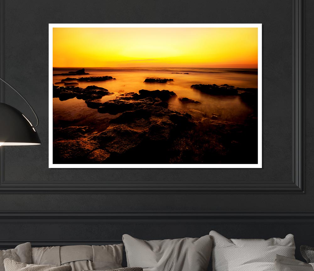 Yellow Sunset Rocks Print Poster Wall Art