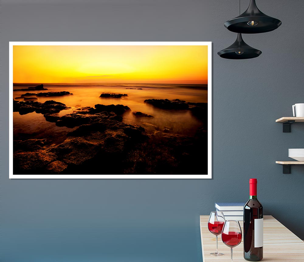 Yellow Sunset Rocks Print Poster Wall Art