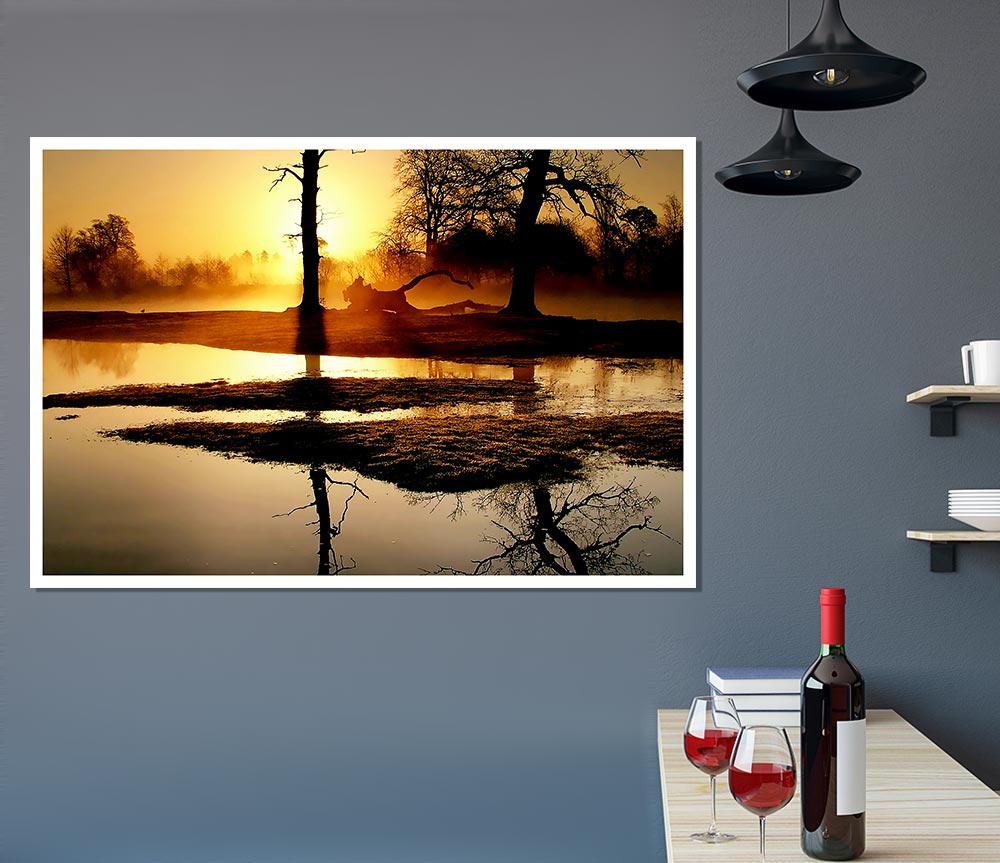 Golden Lake Sunset Print Poster Wall Art