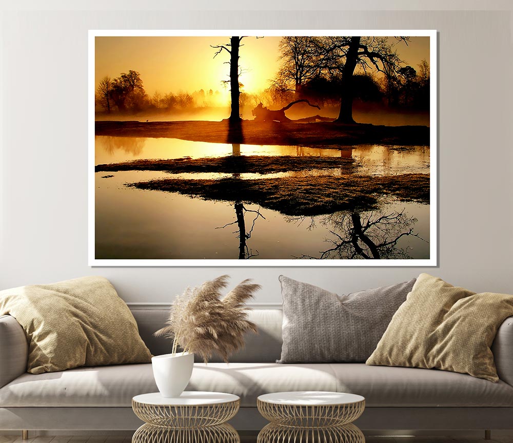 Golden Lake Sunset Print Poster Wall Art