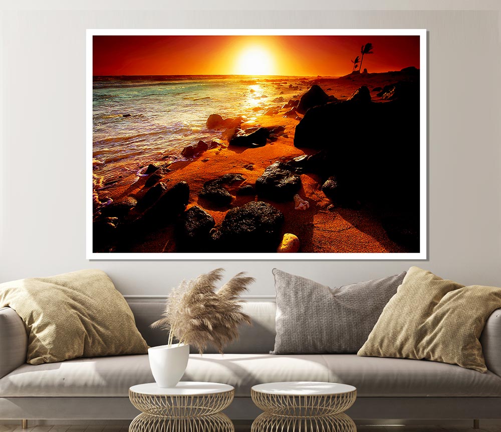 Caramel Sun Blaze Ocean Print Poster Wall Art