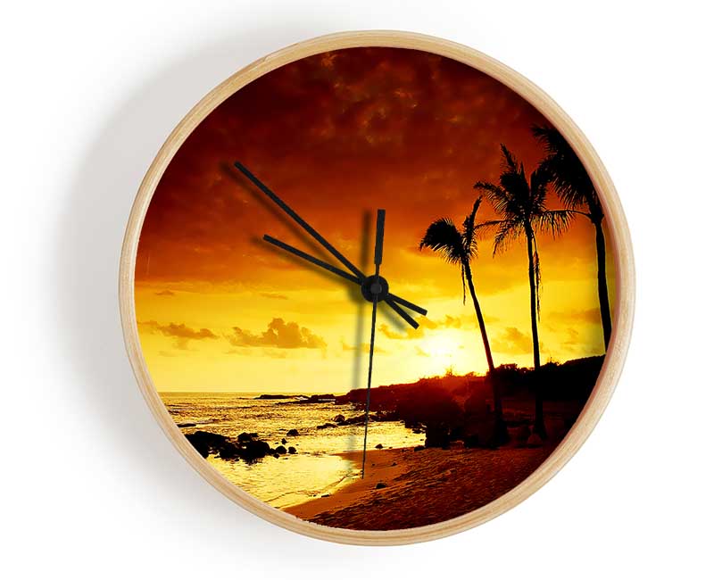 Ochre Palmtree Ocean Clock - Wallart-Direct UK