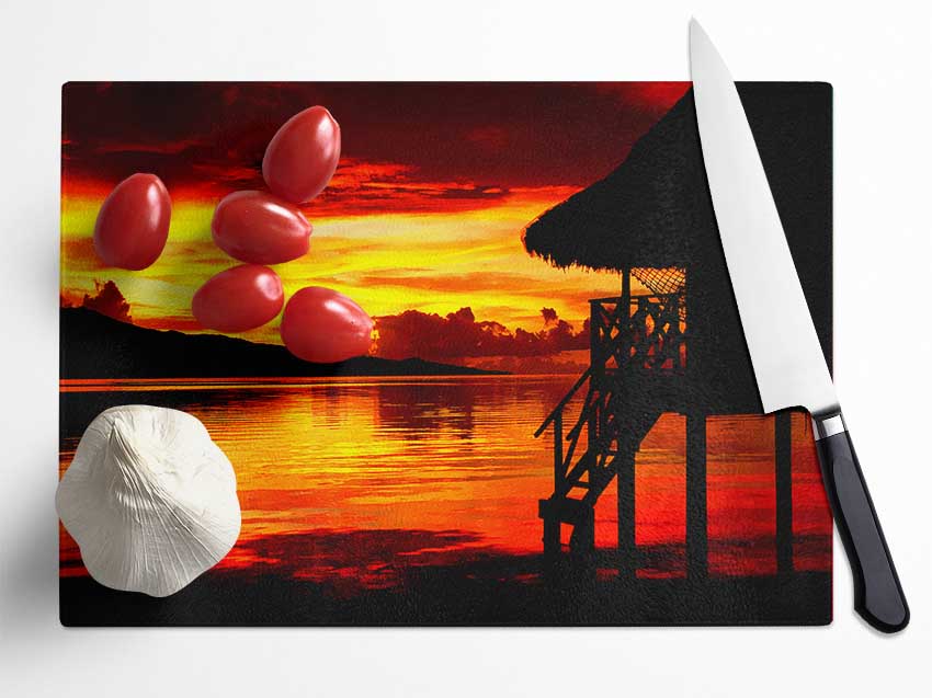 Red Beach Hut Ocean Glass Chopping Board