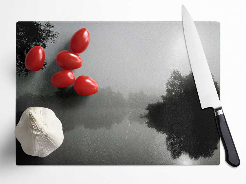 Misty Moonlit River B n W Glass Chopping Board