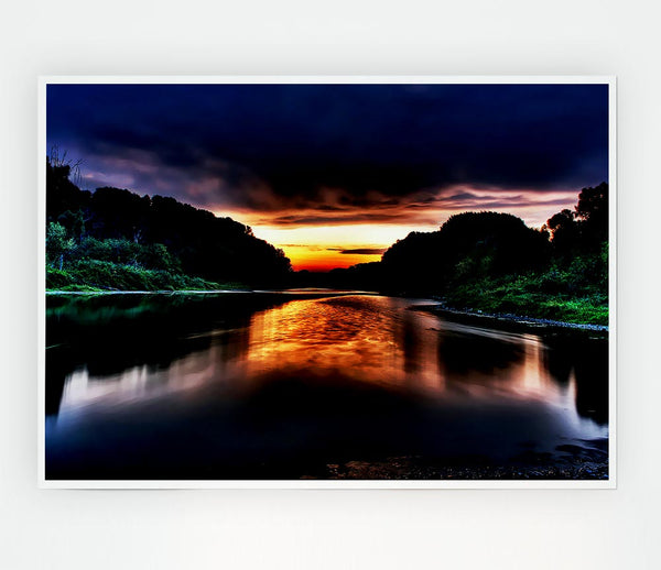 Fire Sunrise Lake Print Poster Wall Art