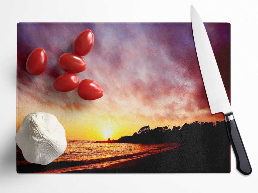 Ocean Path To The Mountain Sunset Glass Chopping Board