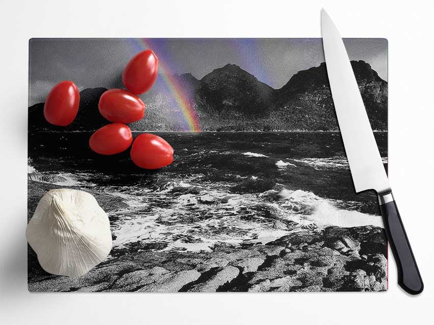 Rainbow Ocean Mountains B n W Glass Chopping Board