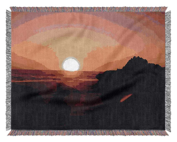 Pink Sunset Horizon Over The Ocean Rocks Woven Blanket