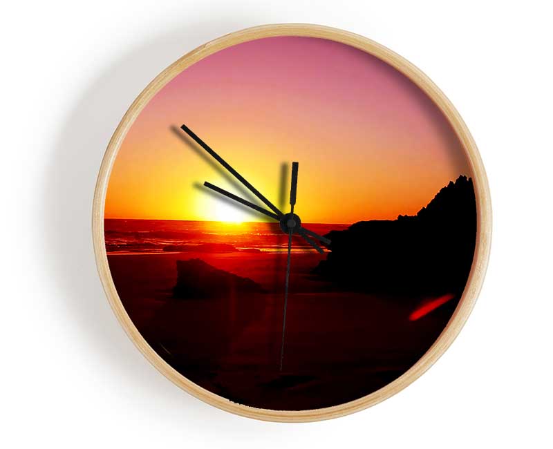 Pink Sunset Horizon Over The Ocean Rocks Clock - Wallart-Direct UK