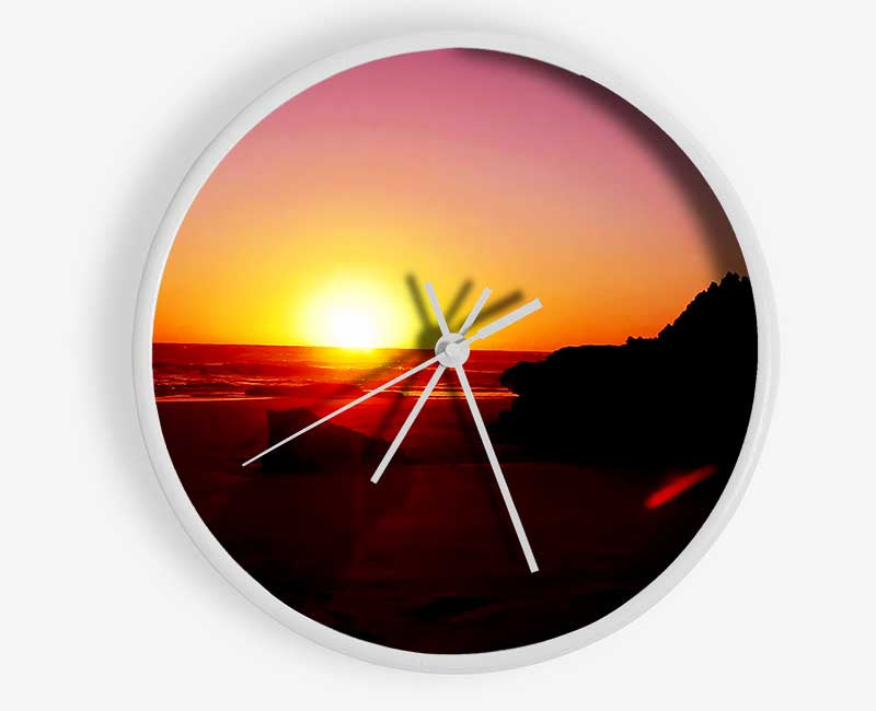 Pink Sunset Horizon Over The Ocean Rocks Clock - Wallart-Direct UK