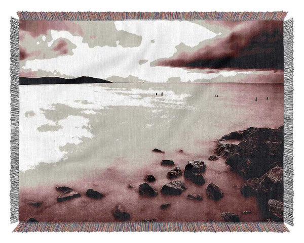 Misty Calm Ocean Rocks Woven Blanket