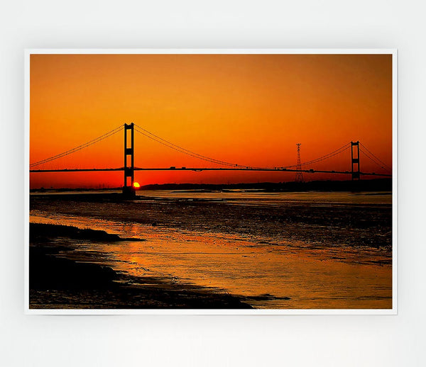 Bridge Afar Orange Sunset Print Poster Wall Art