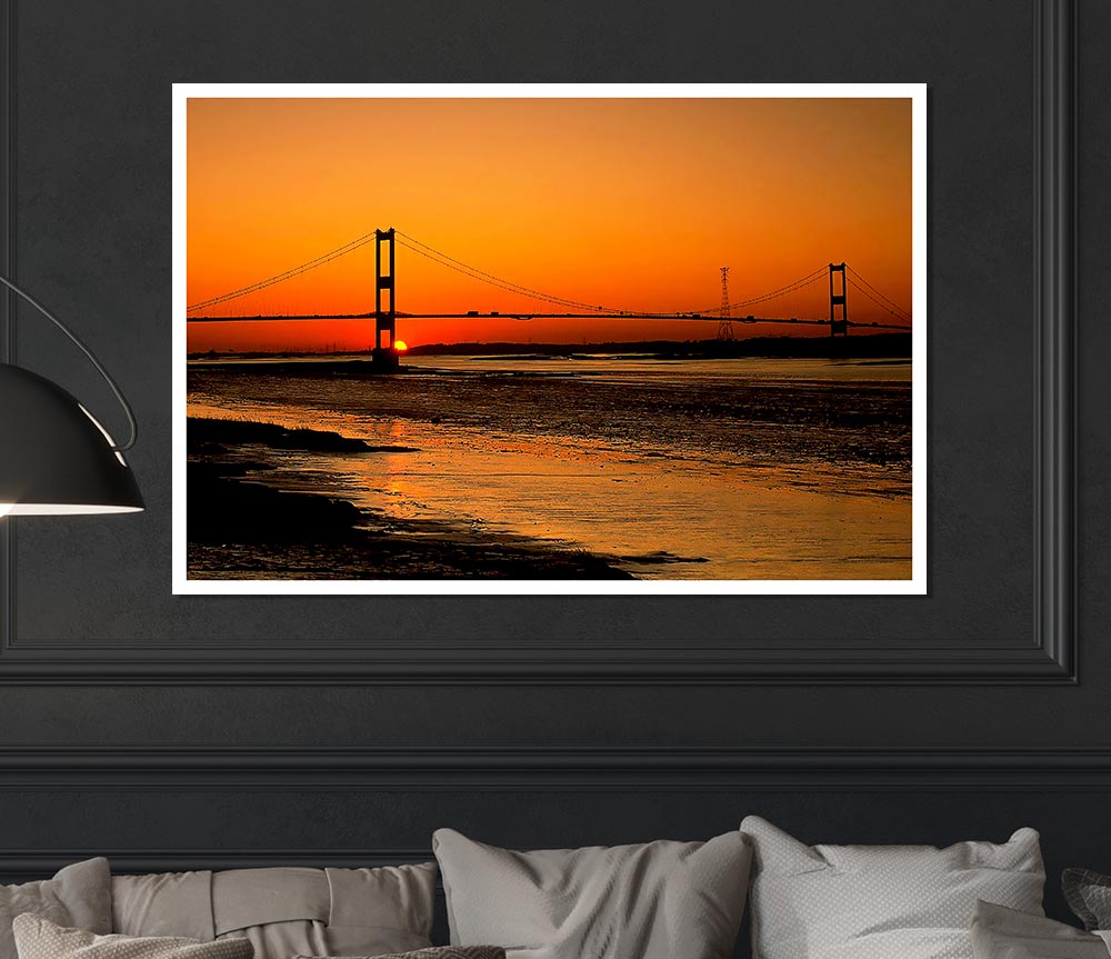 Bridge Afar Orange Sunset Print Poster Wall Art