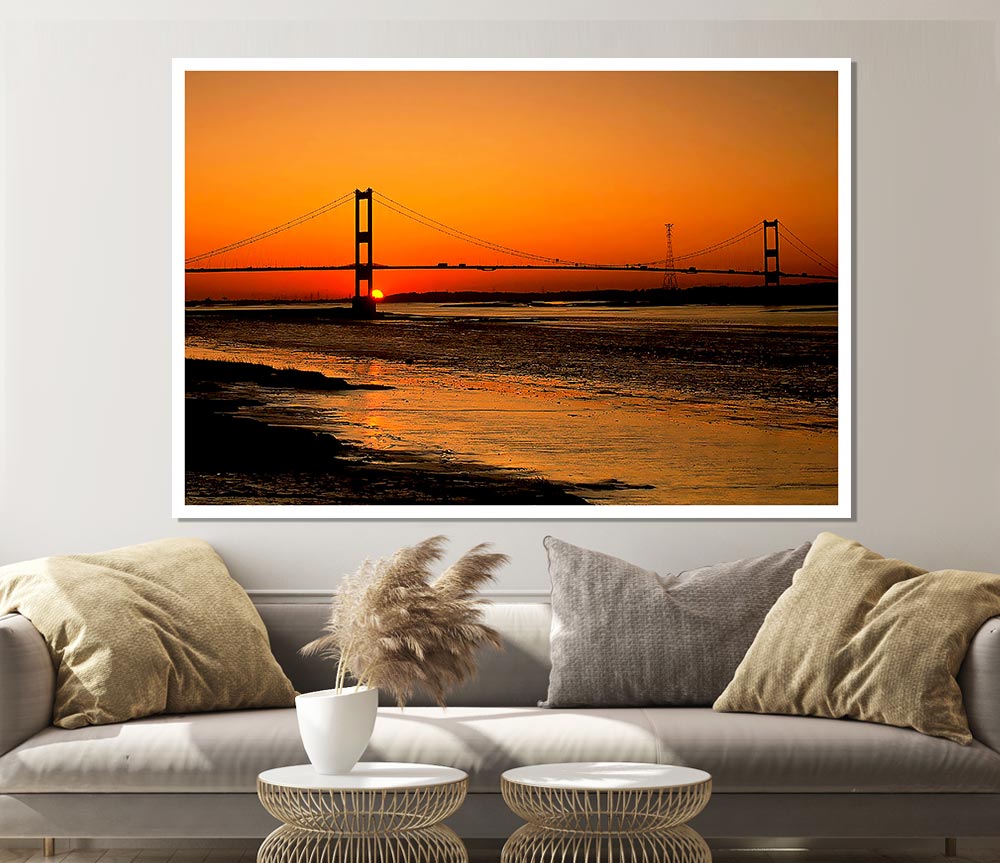 Bridge Afar Orange Sunset Print Poster Wall Art