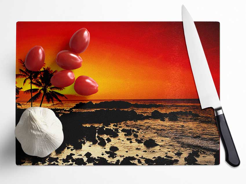 Stunning Palm Tree Ocean Rocks Glass Chopping Board