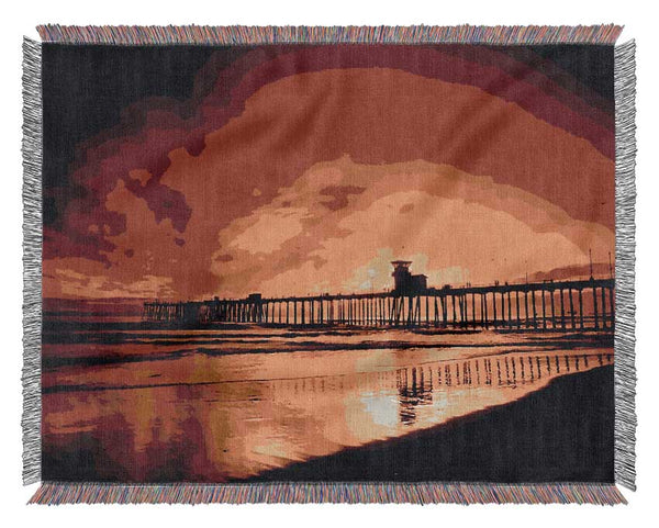 Fire Skies Over The Pier Woven Blanket