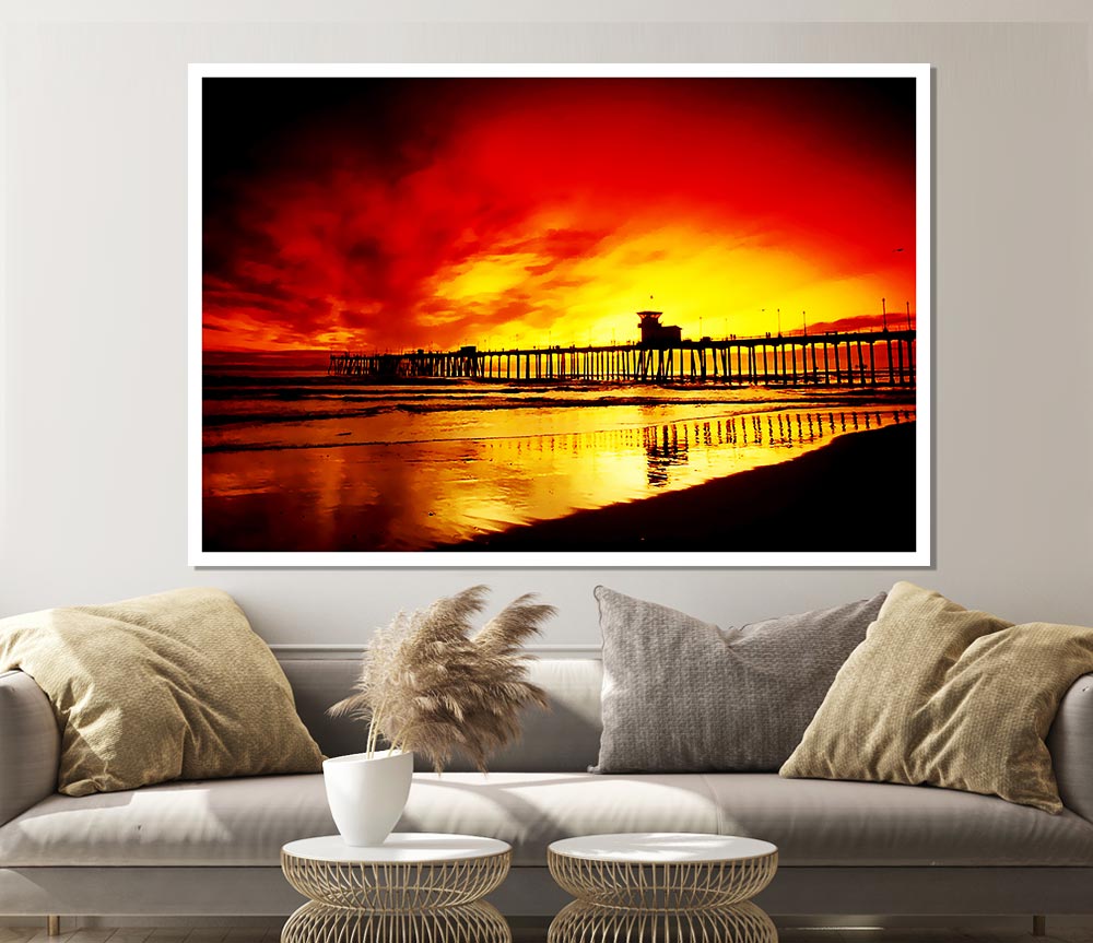 Fire Skies Over The Pier Print Poster Wall Art