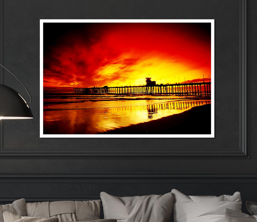 Fire Skies Over The Pier Print Poster Wall Art